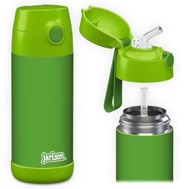 Imagem de Jarlson Charli Garrafa infantil de aço inoxidável com canudo – Frasco térmico de 350 ml – Testado TÜV – Livre de BPA – à prova de vazamento – Garrafa de água térmica para escola, berçário (verde)