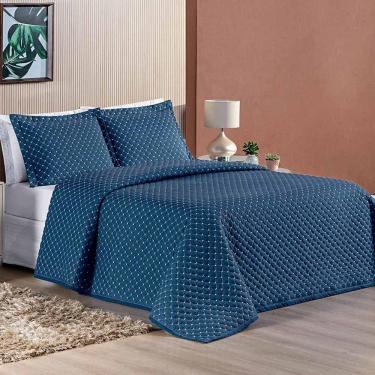 Imagem de Kit Cobre Leito Espanha Casal King 03 Peças Micropercal 200 Fios Matelado White Line - Azul Marinho