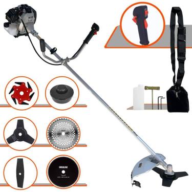 Imagem de Roçadeira À Gasolina Toyama TBC43H 2T 43cc 1,7HP Alta Rotação Com Cabeçote Nylon + Facas 2 Pontas, 3 Pontas, 6 Pontas, 40 Dentes de Vídea e 80 Dentes