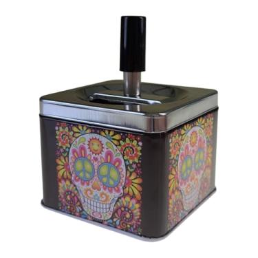 Imagem de Cinzeiro Com Tampa Basculante Giratória Reservatório Inox Sem Cheiro Quadrado Várias Estampas (Estampa Caveiras - MOD H, 1)