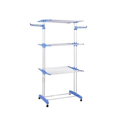Imagem de Varal de Roupa Dobrável com 3 Andares, Estrutura em Aço/ABS, 175x73x67.5cm, Branco e Azul, Portátil com Rodas 360°, Suporta 30kg, 12 Ganchos para Cabides