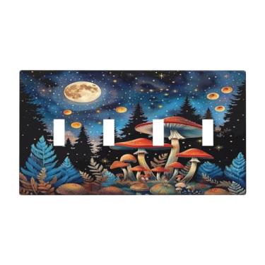 Imagem de SgEdao Capa decorativa para interruptor, cogumelo vermelho, lua, fantasia, floresta noturna, 4 grupos, placa de parede grande, quadriciclo, interruptor de luz, placa jumbo para decoração de quarto e