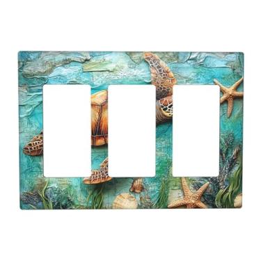 Imagem de JDAKHD Capa decorativa com tema de tartaruga marinha náutica para 3 turmas de balancim, placa de parede, mapa vintage, praia, saída tripla, placa frontal, banheiro, decoração de quarto