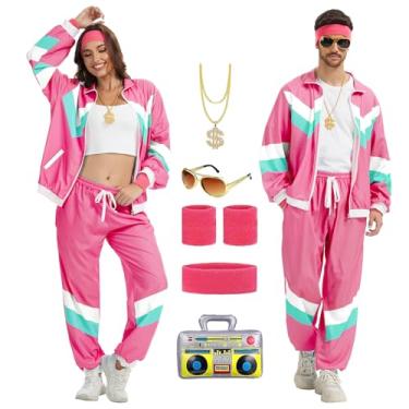 Imagem de PWQMGY Roupa dos anos 80 para homens e mulheres - 8 peças, fantasias dos anos 80 e 90 com acessórios; trajes de trilha para casais para festa de carnaval de Halloween (rosa, 2GG)