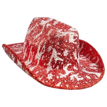 Imagem de Chapéu de Papai Noel Cowboy Glitter Chapéu de Natal Chapéu de Cowgirl Chapéu Fedora com Rena Branca Floco de Neve