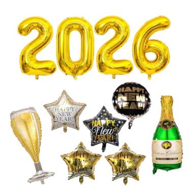 Imagem de Balões com números de 2026, balões de estrela, balões de feliz ano novo 2026 suprimentos de festa, conjunto de decorações de balão de folha dourada para festa de ano novo, casa, festas de clube (11