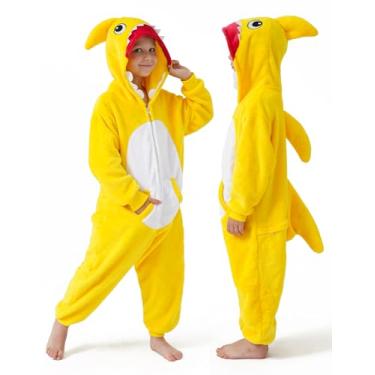 Imagem de DILUFUN Fantasia infantil de tubarão para meninos e meninas, pijama de uma peça, macacão de animal engraçado de Halloween, fantasia cosplay para dormir, tubarão YE 7-8 anos