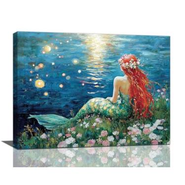 Imagem de Arte de parede de sereia, decoração de parede de imagens de sereia, pintura impressa em tela do oceano azul, arte emoldurada da noite da lua para banheiro meninas quarto sala de estar decoração de