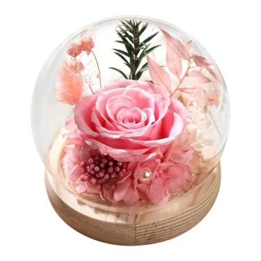 Imagem de Rosas eternas preservadas em cúpula de vidro com base de madeira, presente romântico perfeito para dia dos namorados, Natal, aniversários, aniversários, decoração de casa elegante para mulheres