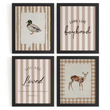 Imagem de WXHUM 4 peças vintage berçário meninos sala de jogos decoração de parede marrom decoração de parede longa vida infância retro animais da floresta pôsteres para crianças berçário quarto de criança