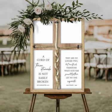 Imagem de SRSZHIYUE Um Cordão de Três Fios Cerimônia de Casamento Sinal de Unidade Decoração de Parede 56 x 40 cm Eclesiastes 4 12 Trança Cruz Arte Casamento Cristão (Madeira)