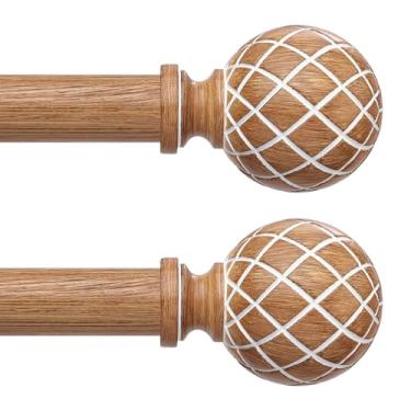 Imagem de Wolistsa Pacote com 2 varões de cortina de madeira para janelas de 76 a 142 cm, varão de cortina de madeira resistente ajustável de 2,5 cm com acabamentos exclusivos de teia de aranha de madeira