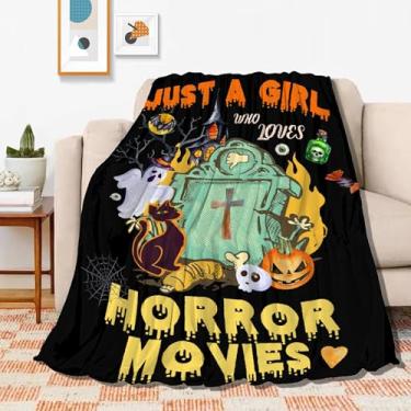 Imagem de Just A Girl Who Loves Horror Movies Cobertor ultramacio e quente de pelúcia macio, cobertores de flanela leves para todas as estações, cama, sofá, cadeira de estar, sala de estar, 127 x 101 cm