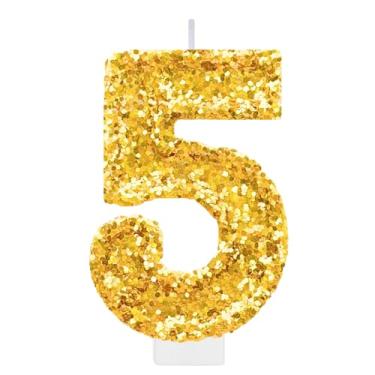 Imagem de Vela de aniversário dourada número 5 para bolo, topo de bolo dourado com glitter, decorações de 5º aniversário, suprimentos de festa para mulheres e homens, decoração de cupcake de princesa