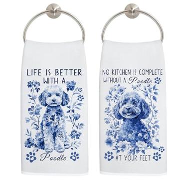 Imagem de LADOCK Chinoiserie Poodle Toalhas de cozinha para cães, presentes de poodle para mulheres, toalhas de mão decorativas, toalha de chá floral azul e branca para decoração de cozinha, 40,6 x 61 cm