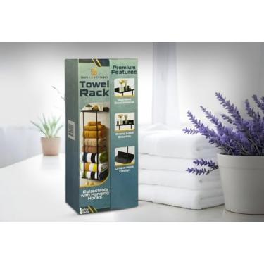 Imagem de Toalheiro de parede – retrátil com ganchos para pendurar – Organizador de aço inoxidável resistente para banheiro, lavanderia e mais (preto)