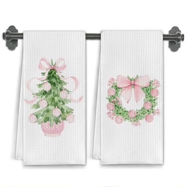 Imagem de Elefeltclave Toalha de cozinha de árvore de Natal chinoiserie rosa, toalha de chá de prato de Natal com laço de coquete para decoração de cozinha, toalha de mão decorativa de árvore de guirlanda de
