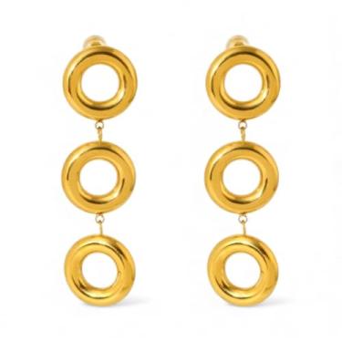 Imagem de Brincos de gota de círculo triplo, banhado a ouro 18 K sobre aço inoxidável, joias pendentes para mulheres, design geométrico moderno, queda de 5 cm, resistente a manchas