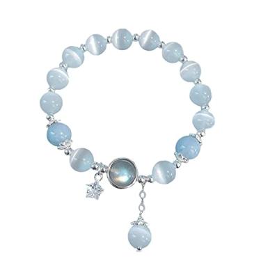 Imagem de Agemoss Pulseira de cristal natural com pedra da lua, contas de pedra olho de gato, cordão elástico azul, Adjustable, Cristal, Opala