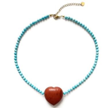 Imagem de MEVOME Colar com pingente de coração grosso com contas de pedra natural, banhado a ouro 18K, pedra preciosa, pêssego, coração, gargantilha feminina, joia para presente de aniversário, Natal, Ano Novo