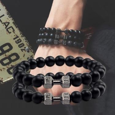 Imagem de 2 pulseiras elegantes combinando com contas para homens e mulheres com halteres modernos, corda elástica - pulseira de contas pesadas para academia, 19cm, Pedra, Sem Pedra Preciosa