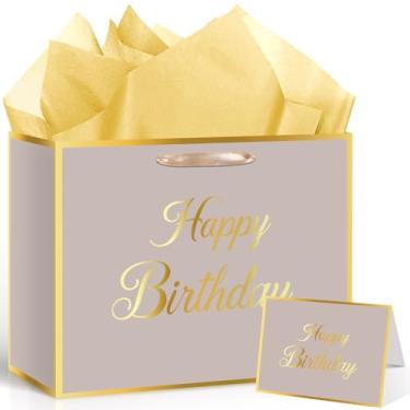 Imagem de Innovoscape Bolsa de presente de aniversário dourada cáqui para mulheres, homens, decorações de feliz aniversário, grande bolsa de presente com papel de embrulho e cartão para mulheres, homens e