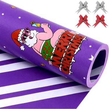 Imagem de EWES Conjunto de papel de embrulho roxo de Natal, rolos engraçados, Papai Noel, para crianças, lindos desenhos animados, gnomo grosso, folhas de embrulho para presente, exclusivo, reversível