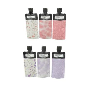 Imagem de 6 unidades de bolsas de viagem rosa e roxas para artigos de higiene pessoal, recipientes à prova de vazamento, garrafas recarregáveis de espremer vazios para líquidos, bolsa de xampu e condicionador