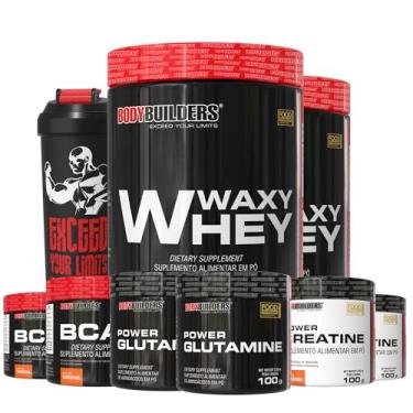 Imagem de Kit 2x Waxy Whey 900g Morango e Paçoca + 2x Bcaa 100g + 2x Power Creatina 100g + 2x Power Glutamina + Coqueteleira - Bodybuilders