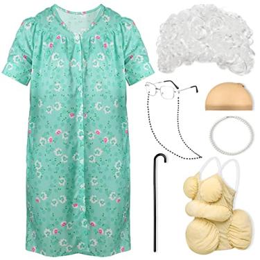 Imagem de Yaomiao Conjunto de 8 peças de fantasia de senhora para mulheres, ternos gordos, vestido de avó, de manga curta, roupão de vovó, peruca muleta, Cabelo branco elegante, GG