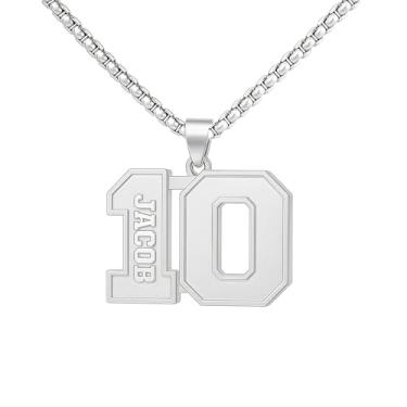 Imagem de Ldurian Colar com nome de número personalizado, pingente de corrente de número esportivo para homens, colares de nome de atletas personalizados 00-99 preto presente de aço inoxidável para homens