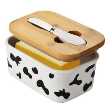 Imagem de Manteiga grande com tampa para bancada, recipiente de manteiga de cerâmica de vaca com tampa hermética de faca, suporte de manteiga para balcão de cozinha ou geladeira, armazenamento de suporte de
