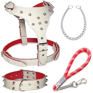 Imagem de Peitoral Ajustável para Cachorro com Cravos, Coleira e Guia Antipuxão - Ideal para Raças como Pit Bull, Rottweiler, Bull Terrier, American Bully, Boxer(Branco)