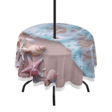 Imagem de Blueangle Toalha de mesa redonda de 152 cm à prova d'água com estrela do mar e coral com orifício para guarda-chuva - Tecido resistente à prova de sol para todos os climas para pátio, acampamento