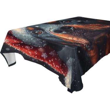Imagem de Blueangle Toalha de mesa Rottweiler em um chapéu de Natal – Toalha de mesa quadrada de poliéster impermeável e resistente a manchas para interior e exterior, 152 x 152 cm (580)