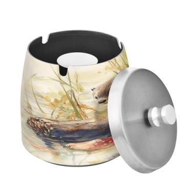 Imagem de Blueangle Cinzeiro bonito de lontra com tampa para cigarros, à prova de vento/chuva, aço inoxidável, sem fumaça, inodoro, cinzeiro para uso interno ou externo (468)