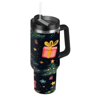 Imagem de Blueangle Copo de árvore de Natal de 1,134 g com alça e tampa de palha, caneca de viagem de aço inoxidável com isolamento a vácuo de parede dupla, garrafa de água reutilizável para academia de