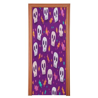 Imagem de Blueangle Capa de porta elástica com estampa de caveira e doces - Faixa de porta frontal de tecido elástico para Halloween, decoração de festa em casa ao ar livre (771)