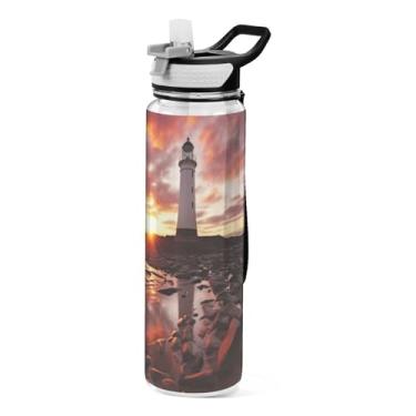 Imagem de ATTX Garrafa de água Sunset Lighthouse, 946 ml, à prova de vazamento e livre de BPA, garrafas de água reutilizáveis de plástico Tritan para viagens, academia, corrida (438)
