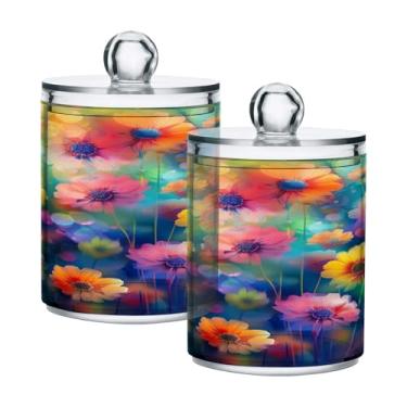 Imagem de ATTX Dispensador de suporte Qtip para pintura de flores coloridas para bola de algodão, cotonete, frasco de boticário transparente, decoração de casa, pote de armazenamento de cozinha, pacote com 2