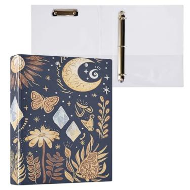 Imagem de Blueangle Fichário Boho Sol e Lua com 3 anéis com prancheta e 2 bolsos - Organizador de documentos decorativos de 3 cm para escritório, suprimentos para reuniões (303)