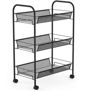 Imagem de Carrinho Organizador 3 Prateleiras com Rodinhas, Metal, Preto, 44x25,5x63cm, para Cozinha e Despensa