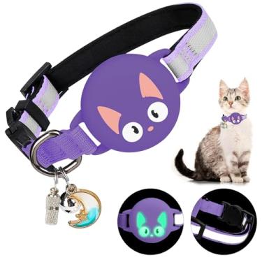 Imagem de Woyinger Coleiras reflexivas para gatos com sinos, rastreador GPS oculto para coleira de gatinho com fivela de segurança AirTag, com etiqueta de nome, à prova d'água para suporte luminoso AirTag