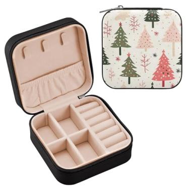 Imagem de Wassud Caixa de joias de viagem com desenho de árvore de Natal para mulheres, meninas, senhoras, noiva, mini organizador de joias de couro PU, caixa quadrada de armazenamento de joias para brincos