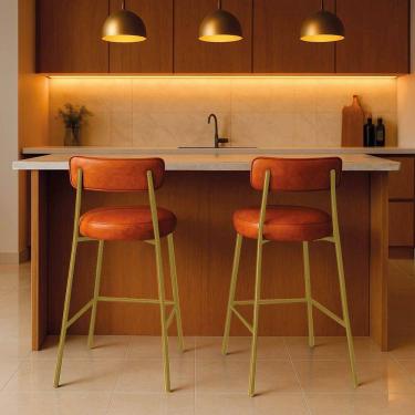 Imagem de Banqueta Cozinha Alta Com Encosto Industrial Dourado Kit 2 Londres Pu Nozes D03 - D`rossi