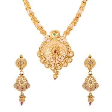 Imagem de Bodha Kundan banhado a ouro feito à mão, zircônia cúbica, colar Haram de ouro cravejado de um grama com brincos combinando, conjunto de joias/joias para noivas longas para mulheres (SJN_276)