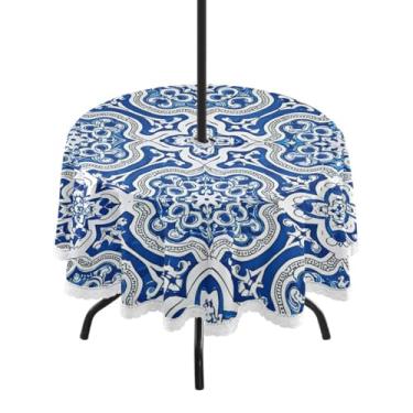 Imagem de Qilmy Toalha de mesa azul marroquina redonda impermeável de 152 cm com orifício para guarda-chuva e zíper – uso externo / interno resistente para pátio, churrascos, piqueniques, festas (serve para