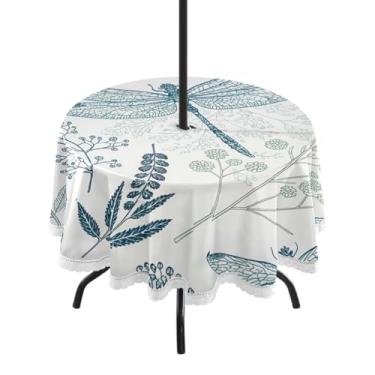 Imagem de Qilmy Toalha de mesa retrô Dragonfly redonda impermeável de 152 cm com orifício para guarda-chuva e zíper – uso externo / interno resistente para pátio, churrascos, piqueniques, festas (serve para