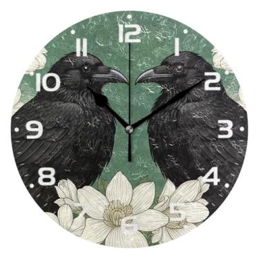 Imagem de JUZIHAI Relógio de parede Black Ravens, silencioso, sem tique-taque, redondo, operado por bateria, fácil de ler, relógio decorativo de parede para casa, cozinha, sala de estar, quarto, escritório, 25