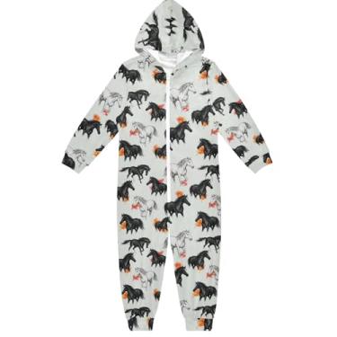 Imagem de Macacão de cavalo preto e branco para crianças, moletom com capuz engraçado, roupas de casa meninos e meninas 5-6 anos, Cavalos pretos e brancos, 9-11 Years